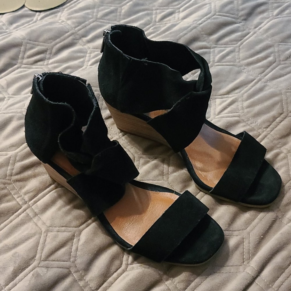 Black suede wedge sandals